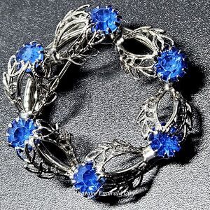 1950s Silver Filigree Blue Rhinestone Brooch Open Leaf Wreath Circle Pin Antique